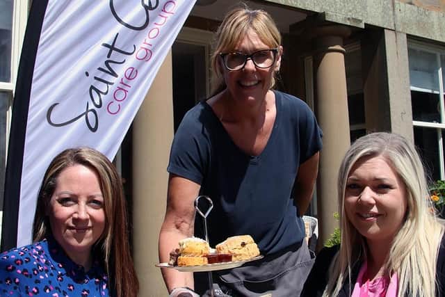 Picture shows, from left to right: Saint Cecilia’s Group Support Manager, Anne Brand with Trish Davis, owner of Daisy Tea Rooms in Scalby and Steph Harbron, Registered Manager at Saint Cecilia’s Care Home in Scarborough.