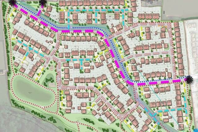 Proposed Sandpiper Place housing with 'spine road' visible in purple. Stonebridge Homes Ltd