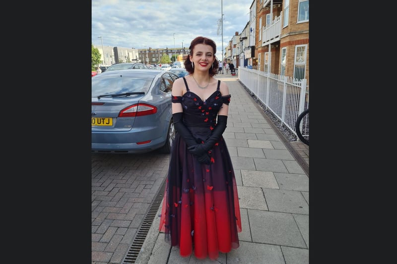 Alex McKendry from Headlands School in a beautiful dress that they designed themselves!