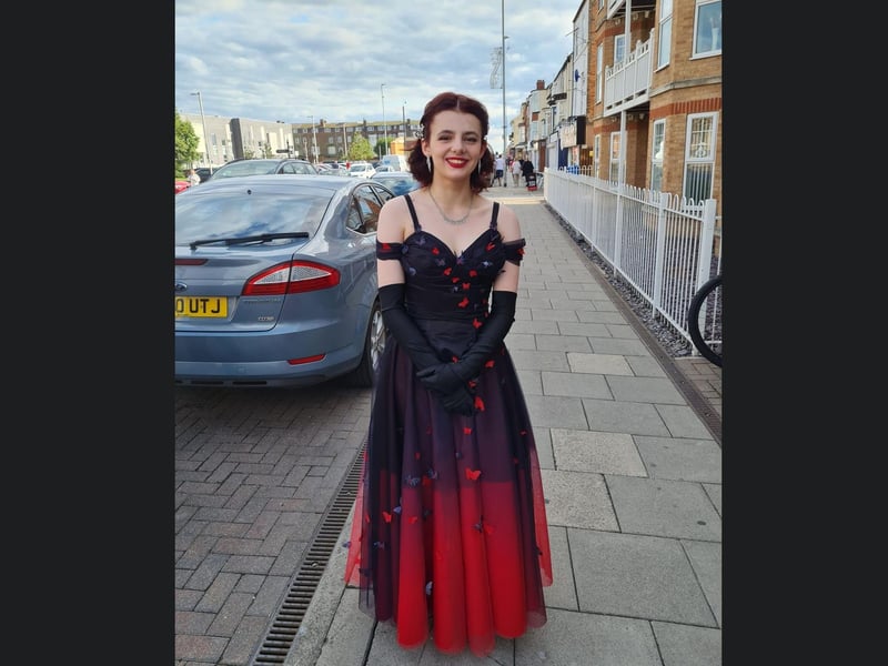 Alex McKendry from Headlands School in a beautiful dress that they designed themselves!