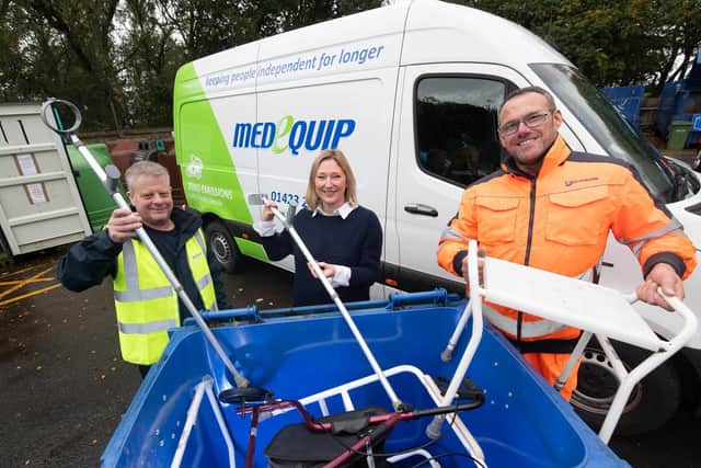 Daren Richardson from Medequip, Jenny Lowes, service improvement manager at North Yorkshire Council, and Steve Midgley from Yorwaste, recycling unwanted medical equipment at Northallerton HWRC.