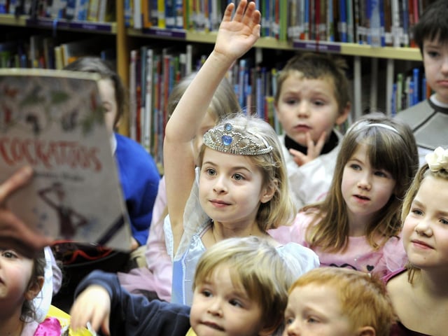 Kids dressed up as book characters for a storytelling morning, with Heather French, for World Book Day at Ayton Library, 2011.