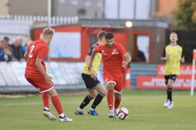 Ahmed Salam on the attack for Bridlington Town in the FA Cup Extra Preliminary Round replay win at home to Knaresborough Town on Tuesday night. Photo by TCF Photography