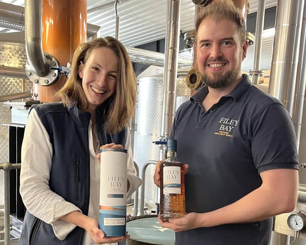 Jenni Ashwood and Joe Clark from Spirit of Yorkshire Distillery with the Booths anniversary whisky