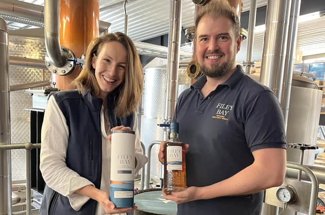 Jenni Ashwood and Joe Clark from Spirit of Yorkshire Distillery with the Booths anniversary whisky