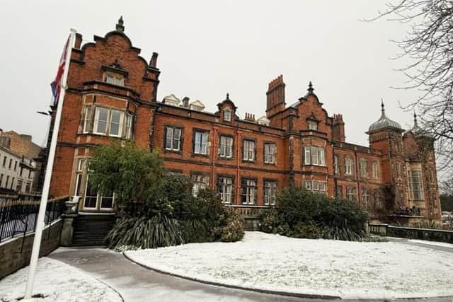A snowy Scarborough Town Hall.