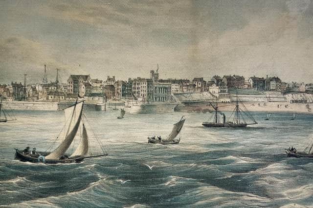 Apparently the artist has created the painting while on a ship that was moored in the bay.