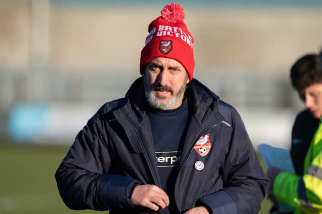 Jono Greening passed the 250-game mark in charge of Scarborough Athletic during their goalless draw with Worksop Town. Photo by Wandering Photography