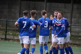 Whitby Town celebrate their leveller at Morpeth on Saturday afternoon.