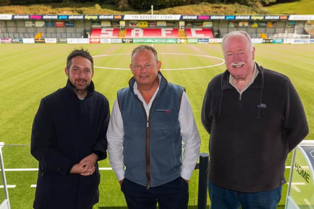 Left to right: Chris Marson, Marketing Director, Scarborough Athletic; Paul Robinson, Managing Director, Moneyweb; and Trevor Bull, Chairman, Scarborough Athletic, at the Moneyweb Stadium.