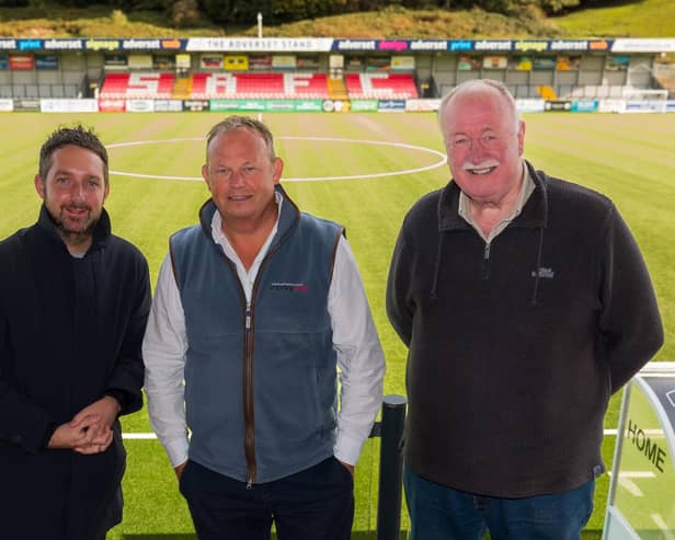 Left to right: Chris Marson, Marketing Director, Scarborough Athletic; Paul Robinson, Managing Director, Moneyweb; and Trevor Bull, Chairman, Scarborough Athletic, at the Moneyweb Stadium.