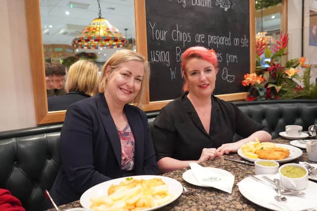 Alison Hume (left) and Louise Haigh MP enjoy fish and chips in Whitby