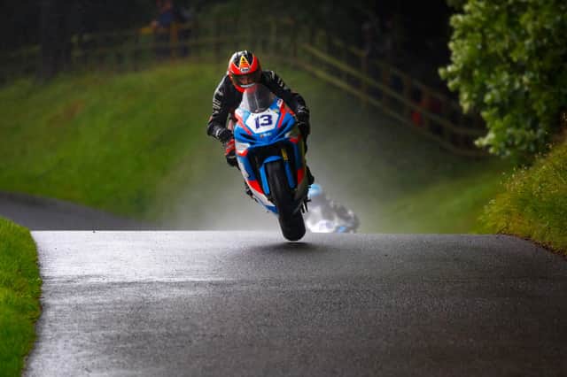 Gary McCoy in action at a wet Oliver's Mount on Saturday during the Barry Sheene Classic. PHOTO BY BEN BROADLEY