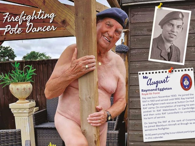 Raymond eggleton is posing fantastically as Mr August- at 92 years old he is the oldest participant in the calendar.