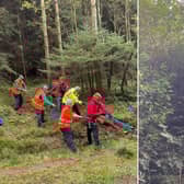 The female dog walker is hauled to safety at Dalby Forest.