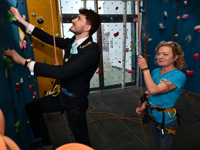 Mayor Joseph Murray celebrates with Mel Bonney at the centre. photo: Richard Ponter