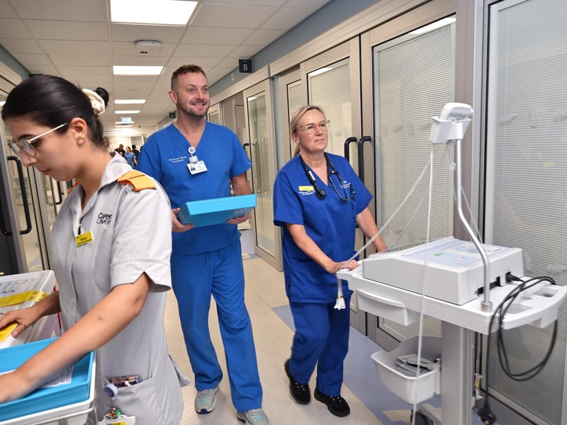 Melissa, Andrew and Michelle working in the hospital.