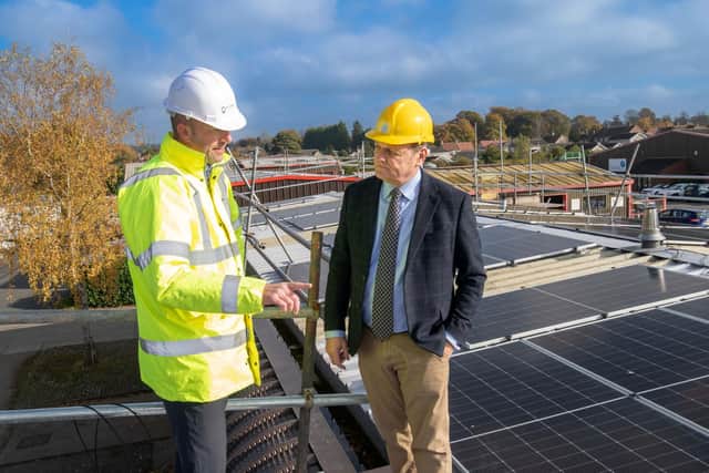 North Yorkshire Council’s executive member for managing the environment Cllr Greg White, right, with the council’s senior project delivery manager Christopher Davies at Westgate Carr Road industrial estate in Pickering. The authority is currently installing solar PV panels and battery storage units at business units in the area.