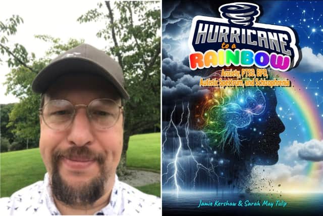 Author Jamie Kershaw, and the cover of Hurricane to a Rainbow.