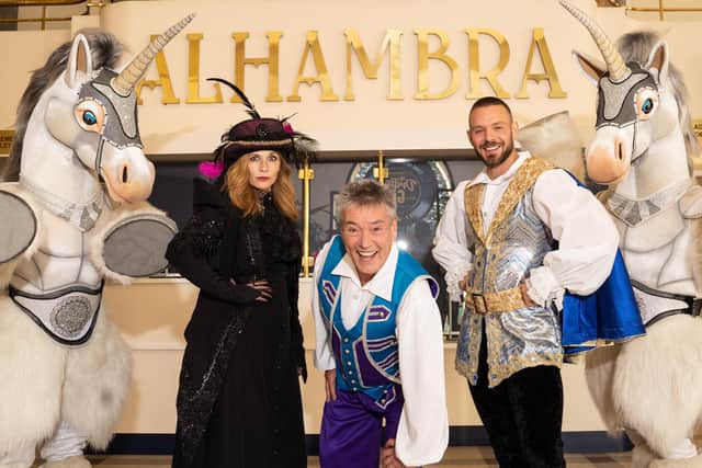 Billy Pearce, Samantha Giles and John Whaite in Jack and the Beanstalk at the Bradford Alhambra