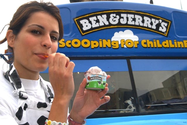 Amelia Youkhana at the Ben and Jerry's free ice-cream bus on Fargate, Sheffield in 2003