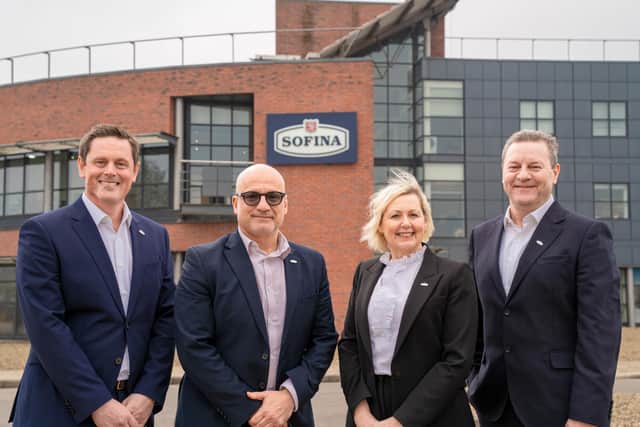 From left, James Pirie (Chief Commercial Officer), Ash Amirahmadi (CEO), Helen Watts (Chief People Officer), and Stuart Herd (Chief Growth Officer) at Sofina Foods Europe’s Malton headquarters.