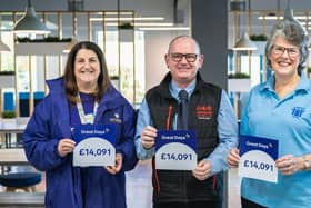 Tracy Calcraft from Saint Catherine’s Hospice, Yorkshire Air Ambulance’s Rob Scott and Judy Woodroffe from Scarborough Mates with their £14,091 donation from Anglo American.