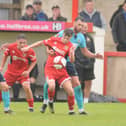 Local youngsters Billy Ripley, left and Coby Scotter, on the ball, impressed as subs against Farsley. PHOTOS BY DOM TAYLOR