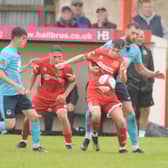 Local youngsters Billy Ripley, left and Coby Scotter, on the ball, impressed as subs against Farsley. PHOTOS BY DOM TAYLOR