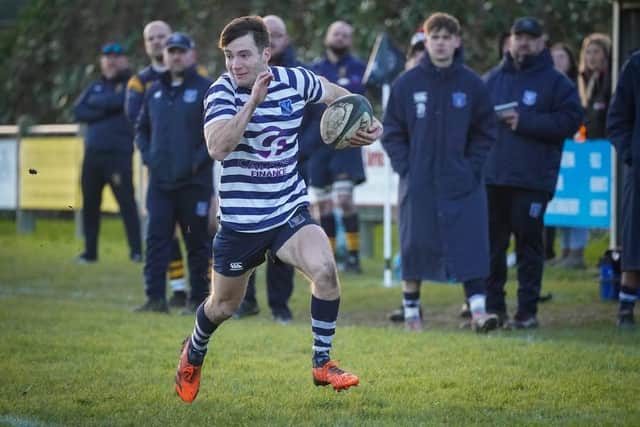 Wing Sam May scored a hat-trick of tries in the second half as Pocklington won 55-5 at Old Rishworthians. Photo by David Wilkinson