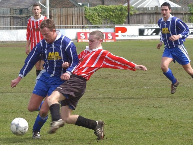 Do you know this West Pier player going in for a challenge against Normanby Hotel in the North Riding Sunday FA Cup final in 2002?