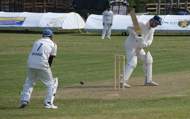 Cloughton's Wayne Aziz in batting action against Scarborough Hospital. Photo by Richard Ponter