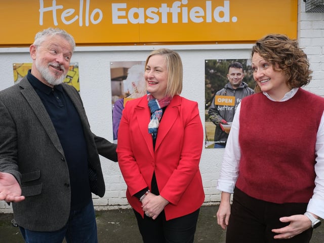 Gary Stott welcomes MP Alison Hume with McCain Regional President GB & I Gillian Moffatt