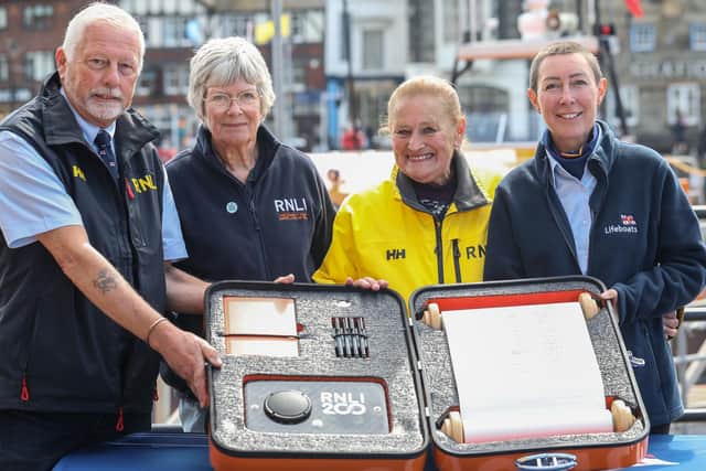 L-R: Barry Brown, Di Payne, Hazel Thomas and Gemma Scire who signed the scroll - Image: RNLI/Ceri Oakes