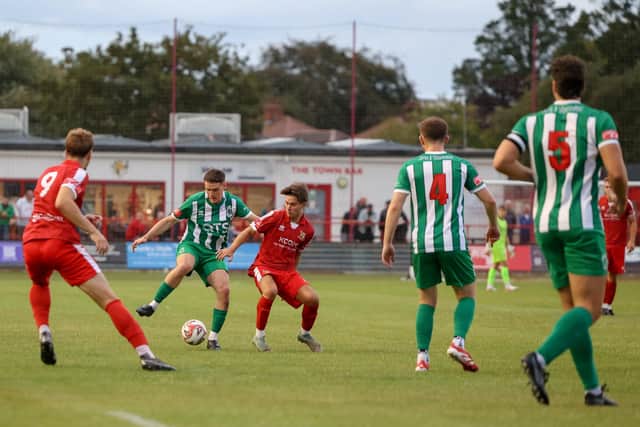 Ben Tweed in action for Brid against Blyth Spartans. Photo by EC Media