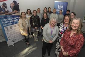 Sue Hinchcliffe, director of apprenticeships, front, with members of her team and current apprentices from Ebor’s Early Years Educator apprenticeship programme. Picture by Tim Moat