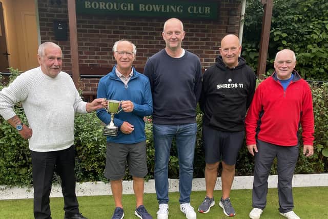 From left, Borough Drawn Pairs Merit winners Kenny Rodgers and Dave Pryce, Borough President Andy Adamson and runners-up Alan Landers & Ian Hadden