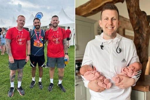 LEFT: Joe Logan, Jordan Mintloft & Karim Benfaied after completing the Great North Run. RIGHT: Joe with daughters Paige & Phoebe