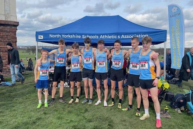 Scarborough Athletic Club's Ben Guthrie, left, lines up with the North Yorkshire team at the national cross country championships race at Pontefract.