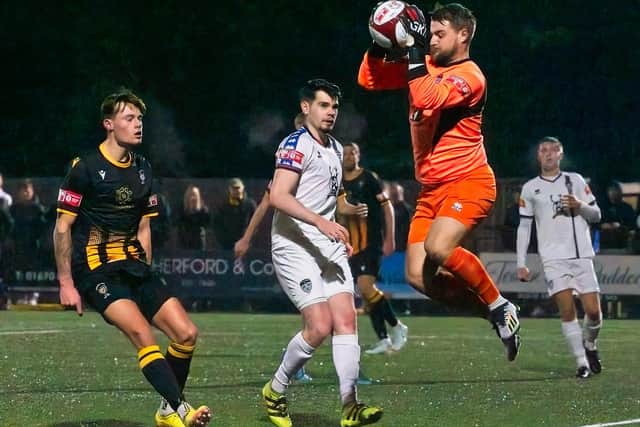 Whitby Town goalkeeper Shane Bland safely claims the ball in the 1-0 win at Morpeth Town on Tuesday night. PHOTO BY GEORGE DAVIDSON