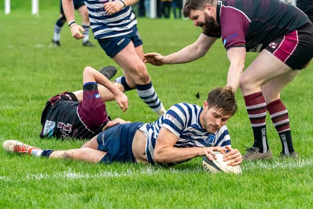 Man of the match Louis Sangwin goes over for Pocklington's third try on Saturday. Photo David Wilkinson.