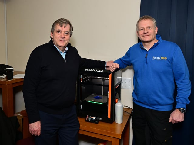 Rotary Members Tony Graves and President Elect Andy Nattrass with the 3D Printer prize