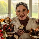 Great British Bake Off star Freya Cox, of Scarborough, with the autumn cakes she has made for Castle Howard.