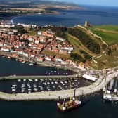 Scarborough Harbour and South Bay on the East Coast taken from the Tucano aircroft flown from RAF Linton on Ouse. 20th September 2004 (Tech Data Nikon D1h camera, 24-120mm lens, exposure 2000th sec at f5.6, iso 400)