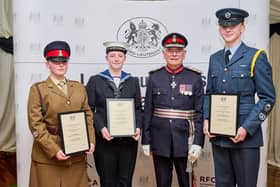 Cadet Company Sergeant Major Lorelai Drury, Leading Cadet Charlotte White, HM Lord-Lieutenant of the East Riding of Yorkshire, James Dick OBE, and Cadet Warrant Officer Henry Willey.