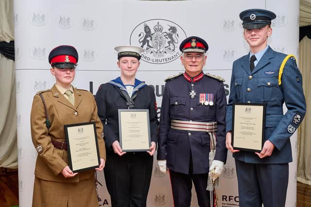 Cadet Company Sergeant Major Lorelai Drury, Leading Cadet Charlotte White, HM Lord-Lieutenant of the East Riding of Yorkshire, James Dick OBE, and Cadet Warrant Officer Henry Willey.