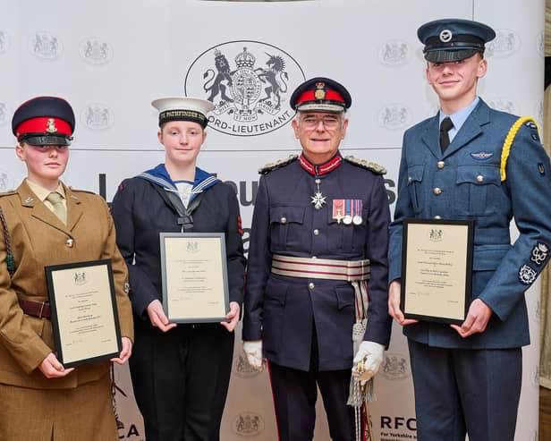 Cadet Company Sergeant Major Lorelai Drury, Leading Cadet Charlotte White, HM Lord-Lieutenant of the East Riding of Yorkshire, James Dick OBE, and Cadet Warrant Officer Henry Willey.