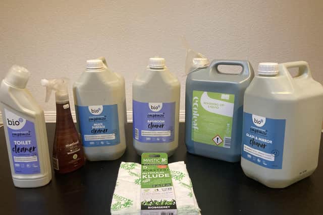 Collection of bleach-free plant based products Mark purchases from local business Planetwise