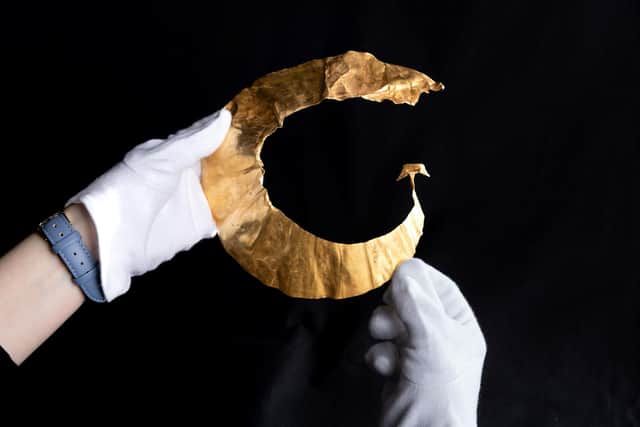 The gold lunula was found by a metal detectorist in a stream near Grassington in 2023. It has been acquired by the Craven Museum and is now the centre piece of the museum’s Bronze Age collection.