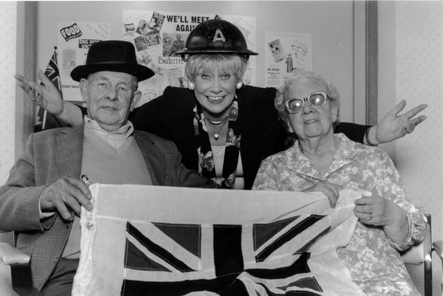 Liz Dawn well known for her character Vera Duckworth is pictured at Scarborough Hospital's Haworth Unit with Jim Tyson and Kathleen Barker both day patients in the day hospital during a week of VE type events.